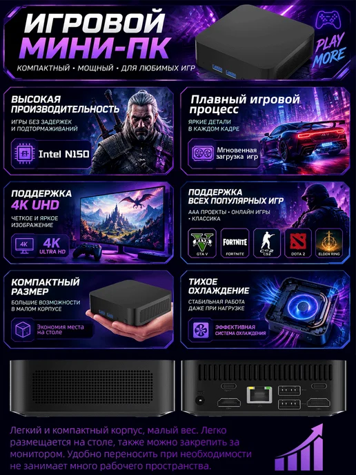 Мини ПК Intel N150 4 ядра 16 ГБ +2048 ГБ, 16 ГБ, 2048 ГБ, фото 3