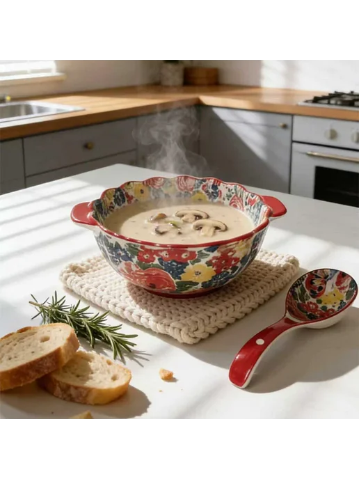 Нет бренда Керамическая суповая миска с ручками, подглазурная роспись, вариант, фото 3