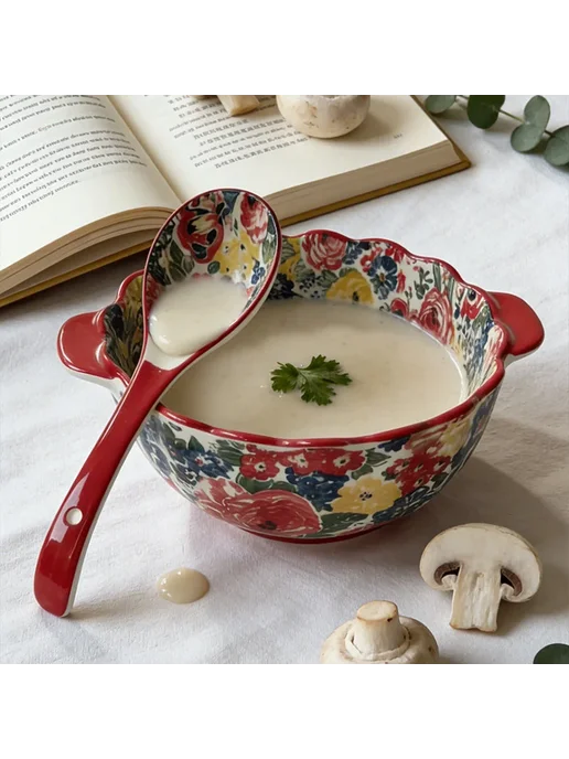 Нет бренда Керамическая суповая миска с ручками, подглазурная роспись, вариант, фото 5
