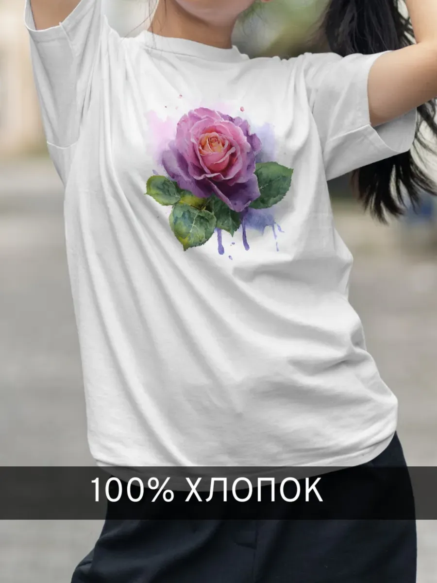 Футболка белая с принтом Акварельная роза
