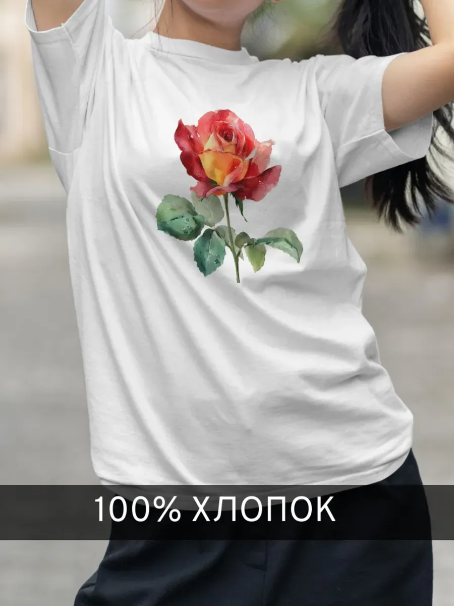 Футболка белая с принтом Акварельная роза