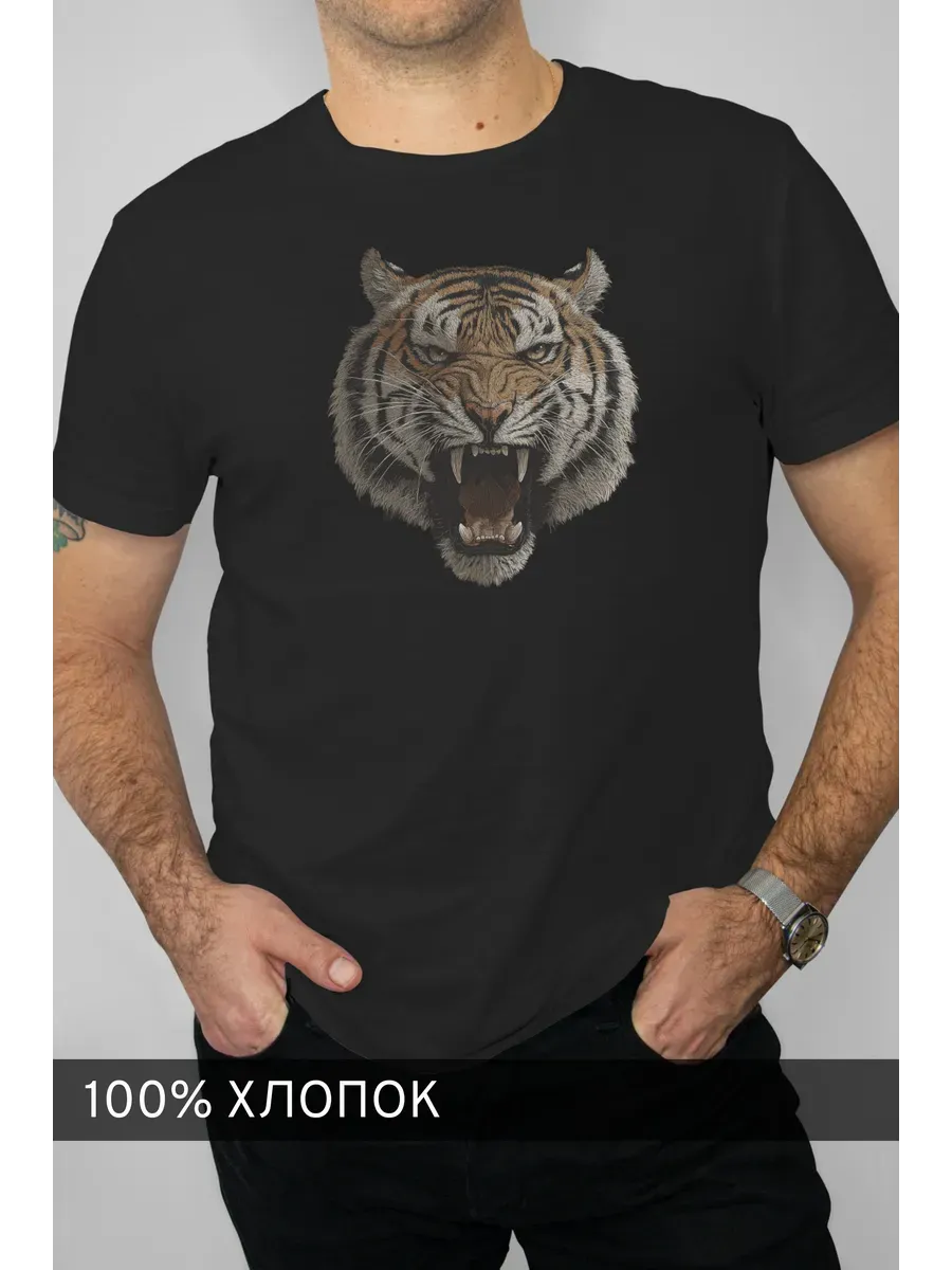 Футболка черная с принтом Тигр