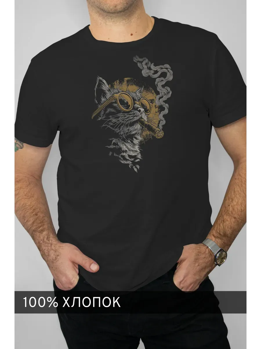 Футболка черная с принтом Кот в очках с сигарой