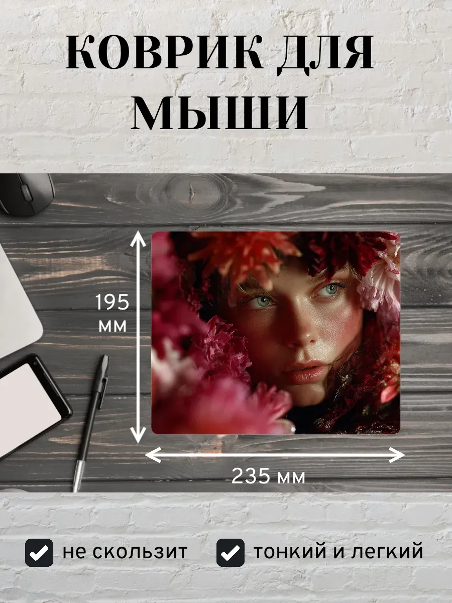 Коврик для мыши с принтом Девушка и цветы