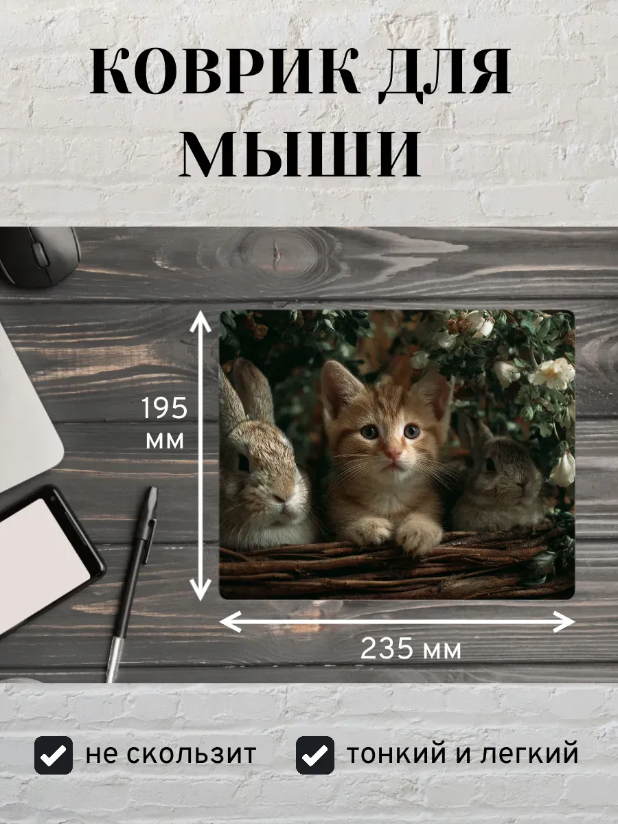 Коврик для мыши с принтом Котенок и кролики