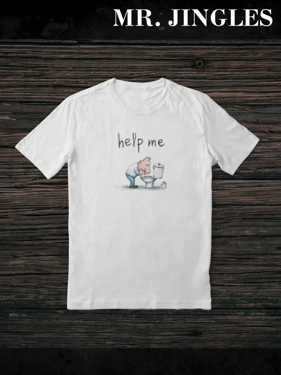 Футболка белая Человек с унитазом и надпись Help me — миниатюра 3