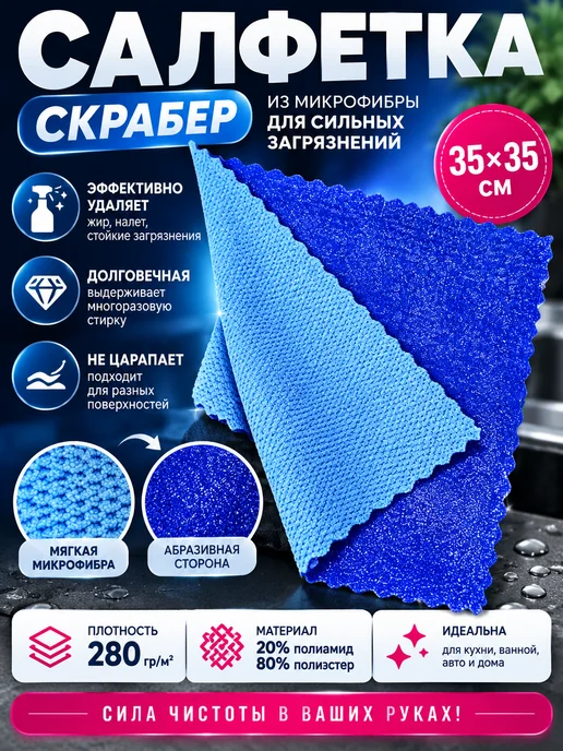 Fiberhan Салфетка скрабер из микрофибры для сильных загрязнений, синий