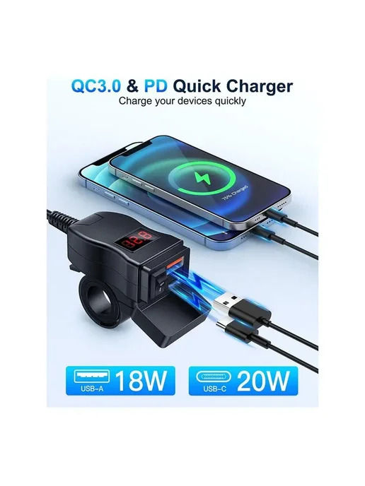 Нет бренда USB-разъем для мотоцикла, двойной USB Type-C PD и Quick Char, вариант, фото 5