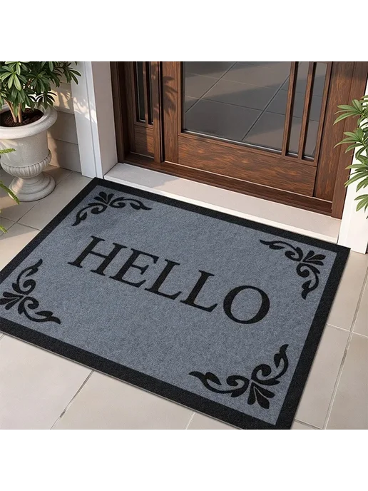 Нет бренда VIKAMA Входной коврик "HELLO" с цветочным узором, коричневый, фото 2