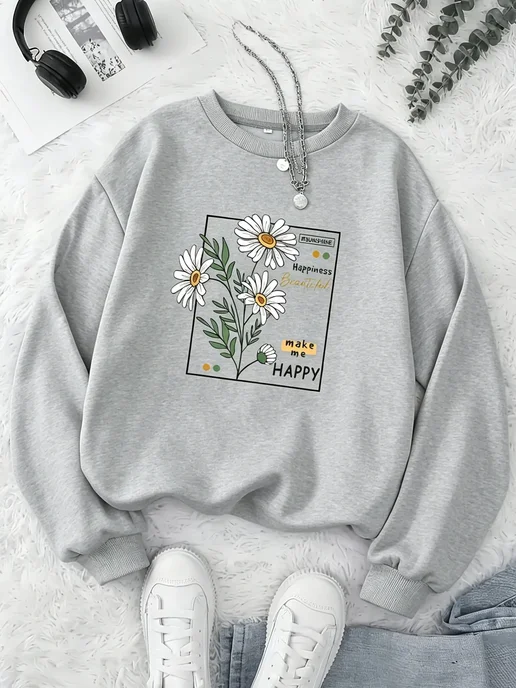 Женская флисовая толстовка OVERSIZE Y2K с цветочным принтом, желтый, фото 3