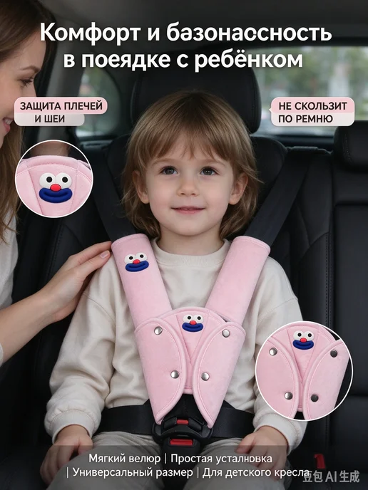 Накладка и ограничитель ремня безопасности для детей, розовый, фото 2
