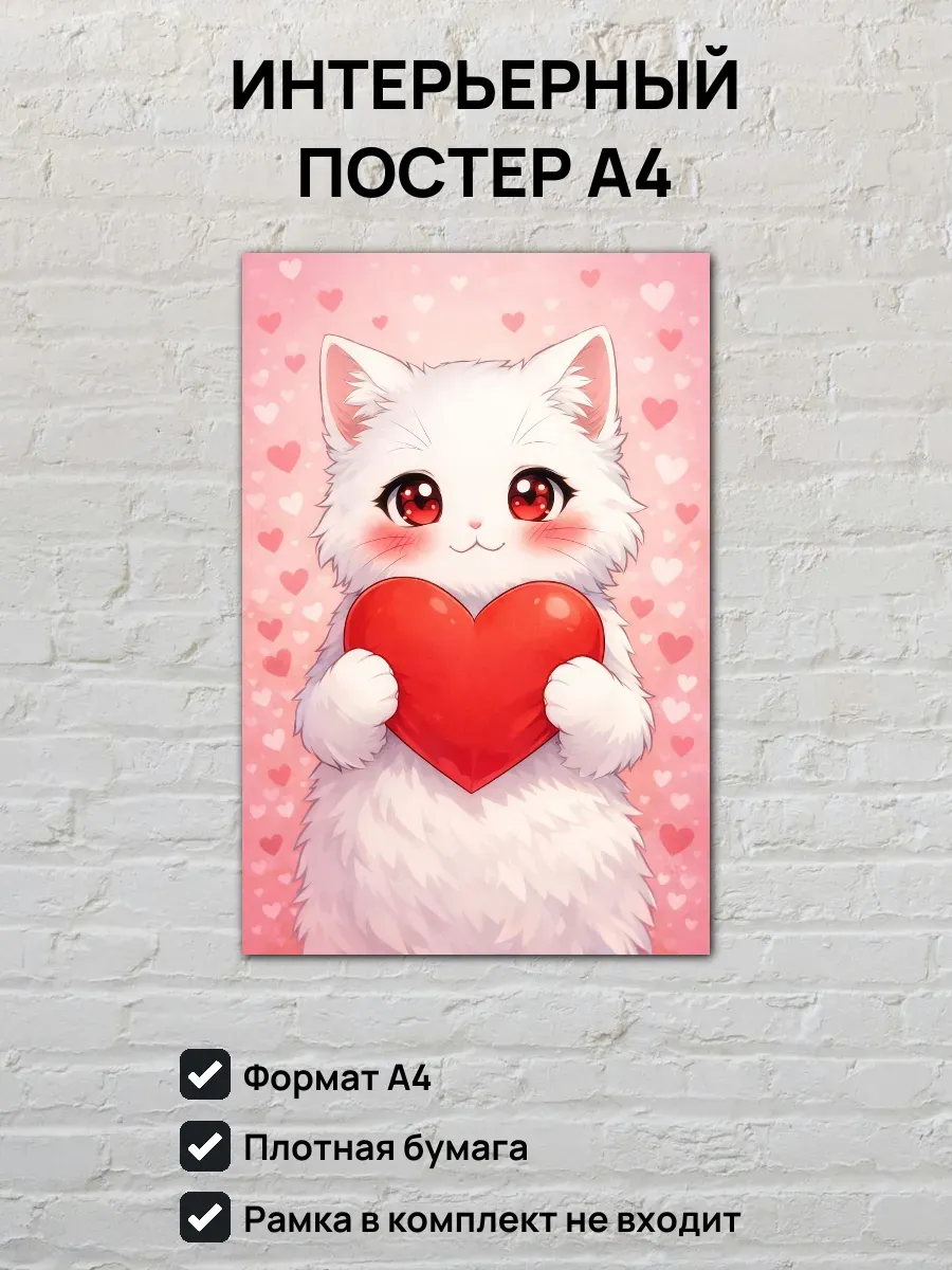 Интерьерный постер А4 Кошка и сердечко