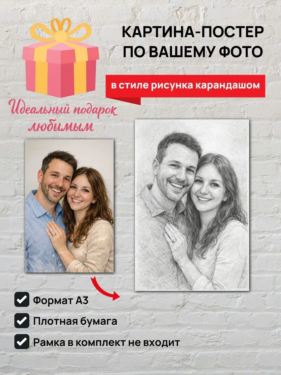 Картина-постер по вашему фото в стиле рисунок карандашом А3