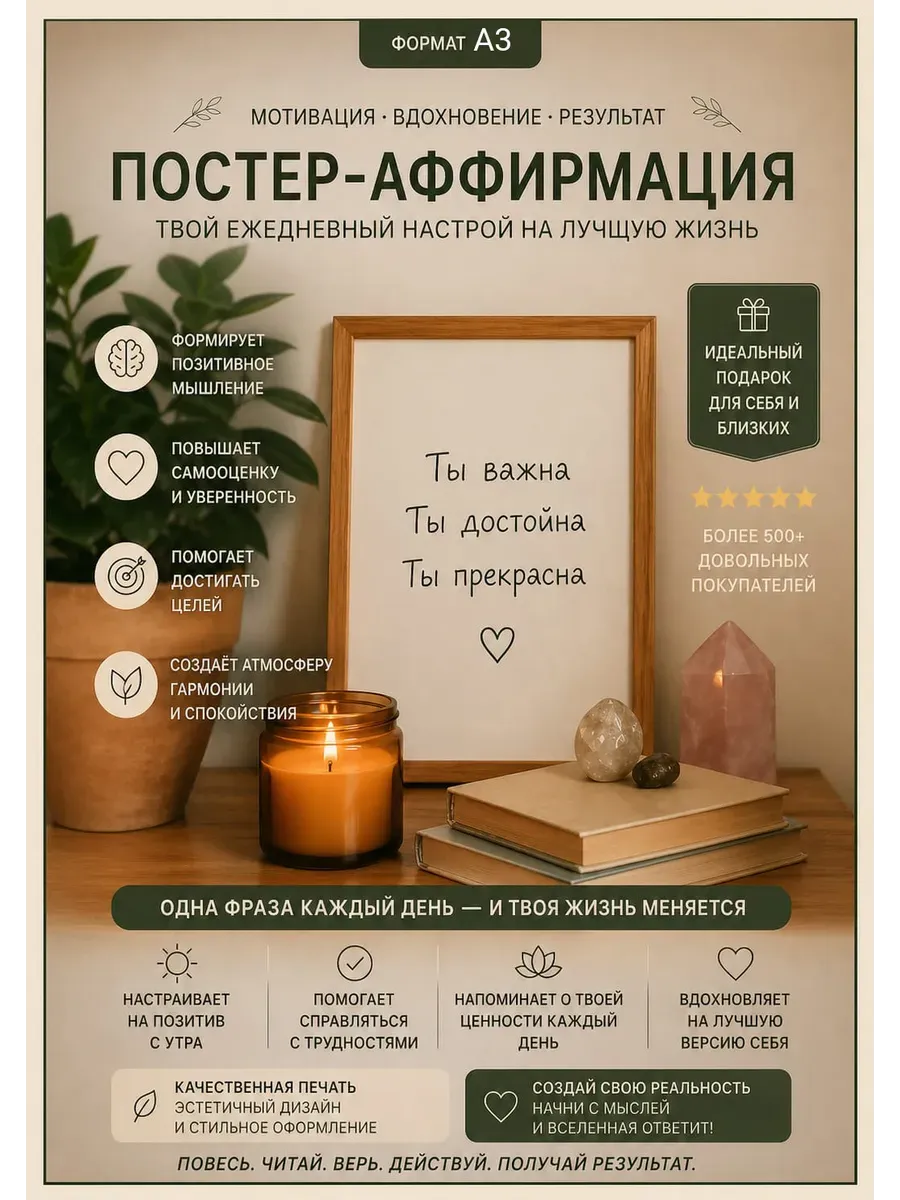 Мотивационный постер А3 Ты важна, ты достойна, ты прекрасна