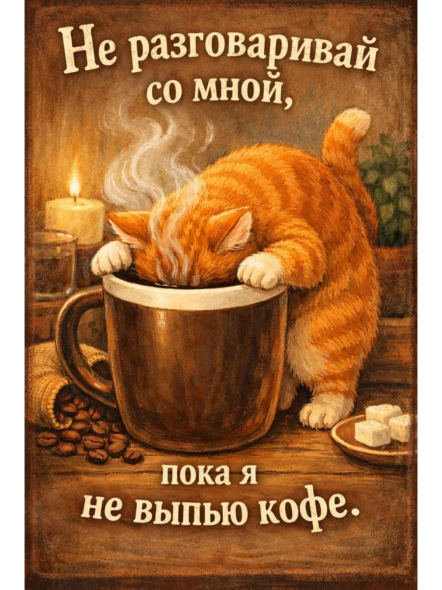 Юмористический постер А4 Кот пьет кофе — миниатюра 5