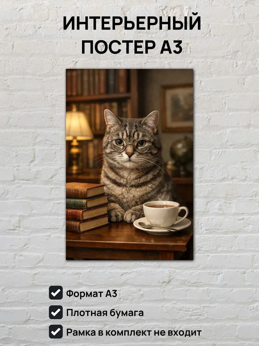 Интерьерный постер А3 Кот в очках и книги