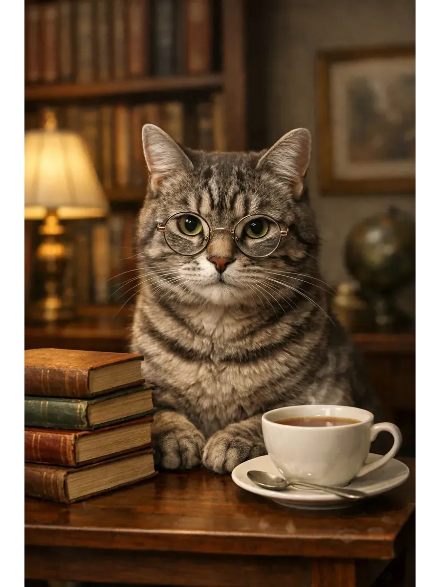 Интерьерный постер А3 Кот в очках и книги — миниатюра 5