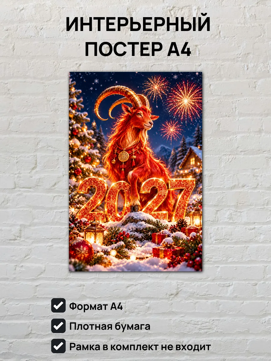 Интерьерный постер А4 Красная Огненная Коза символ 2027 года
