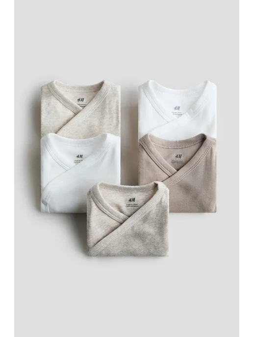 H&M Хлопковые боди 5 штук, бежевый, фото 2