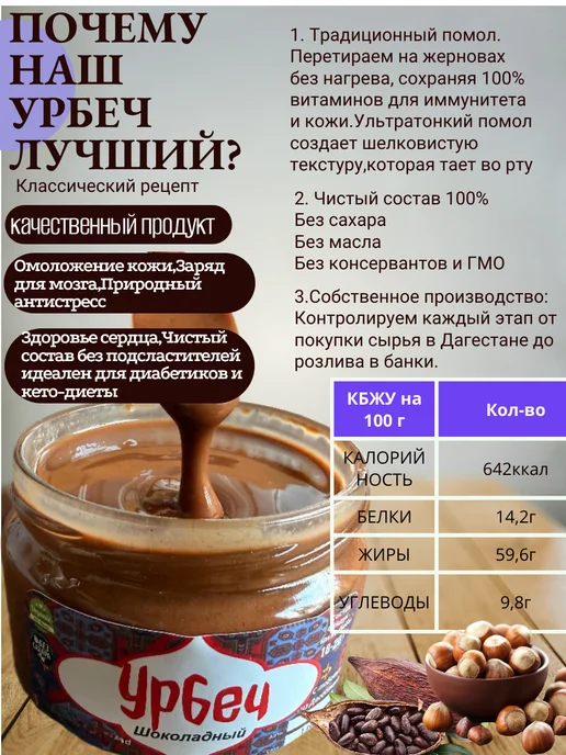 УРБЕЧ из какао-бобов и фундука 250г, 250 г, фото 2