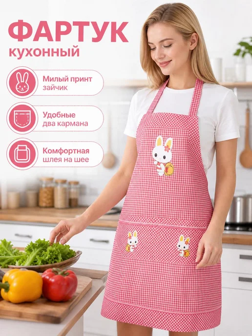 Фартук кухонный в клетку с карманами, вариант