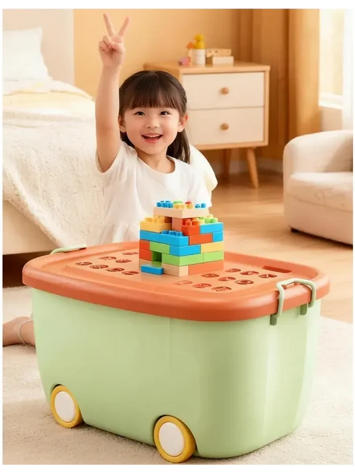 Корзина для игрушек большая с крышкой, зеленый, фото 3