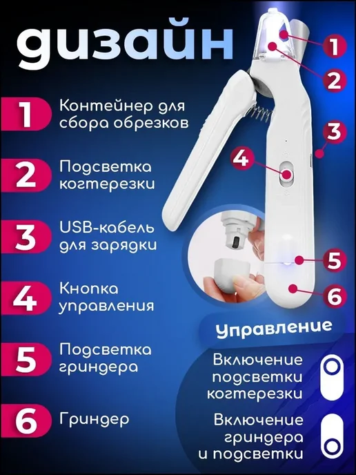 Когтерезка с гриндером для кошек и собак с подсветкой, белый, фото 8